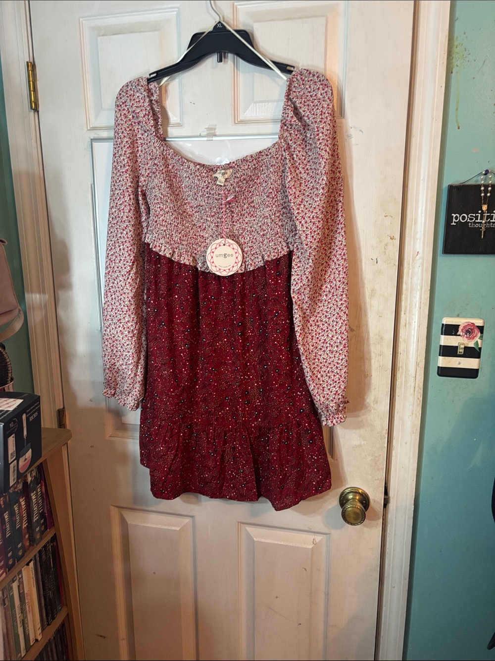 Umgee Cream Dress with Pink Floral Smocking Size Large